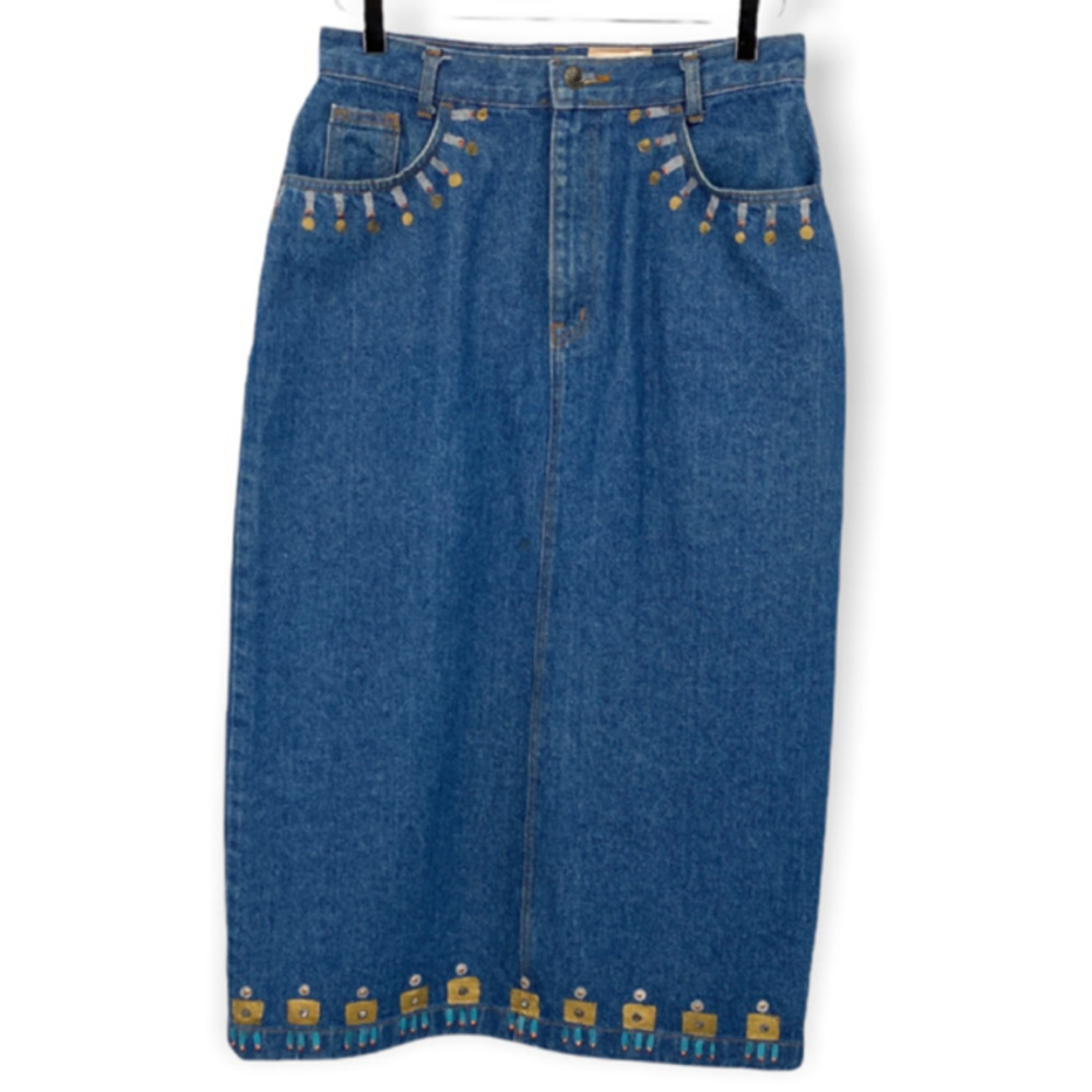VINTAGE Sunbelt Blue Denim Hand Painted Western Straight Midi Skirt Size Large